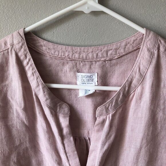 Sigrid Olsen Shirt Womens L 100% Linen Popover Tunic Pink Convertible Roll Tab - Picture 5 of 10